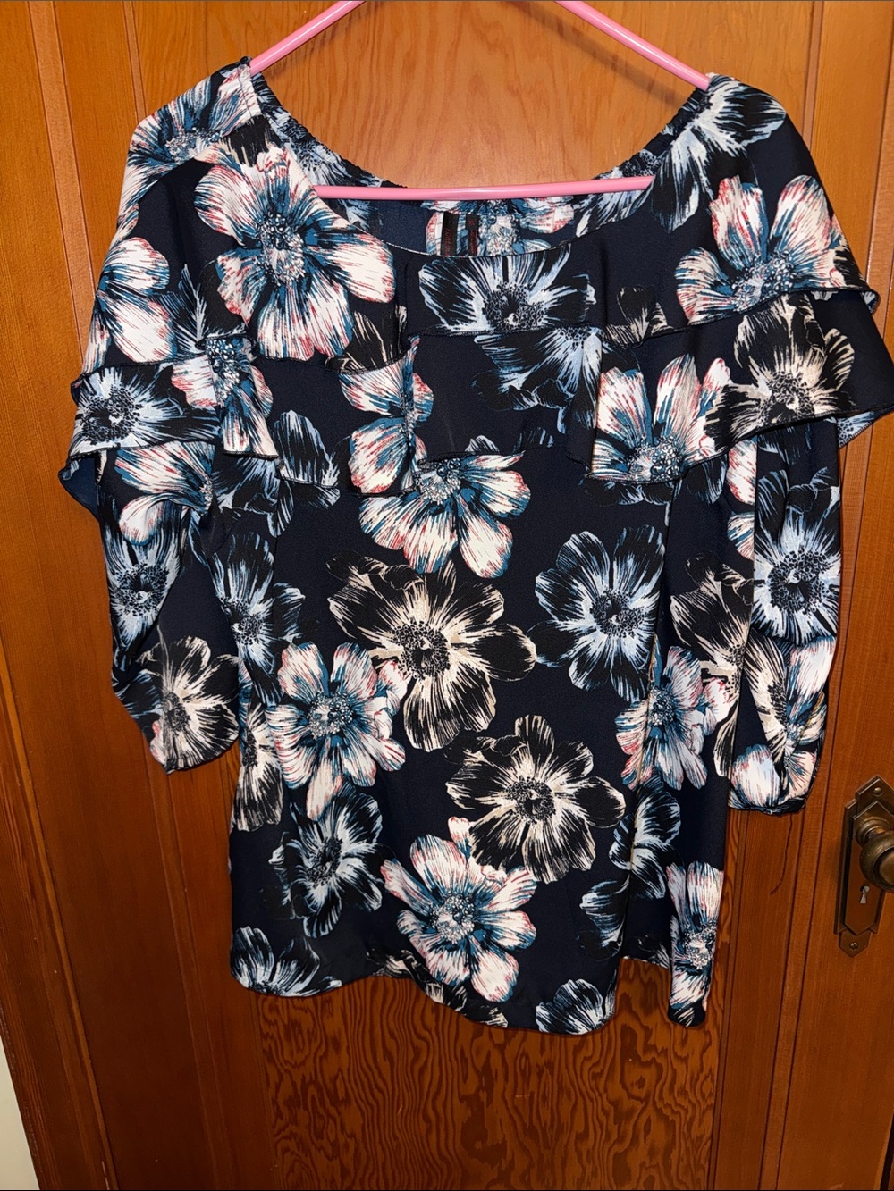 Forever Scarlett Navy Floral Ruffle Cold-Shoulder Blouse